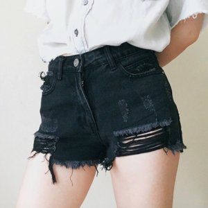 NWT High-rise distressed black denim shorts
